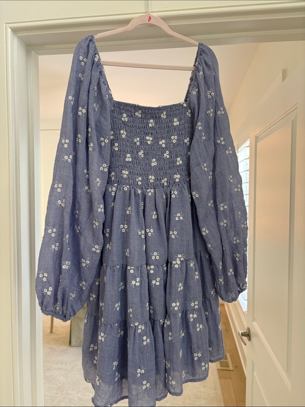 Smocked Square-Neck Tiered Mini Dress in Dusty Blue with White Floral Embroiderd